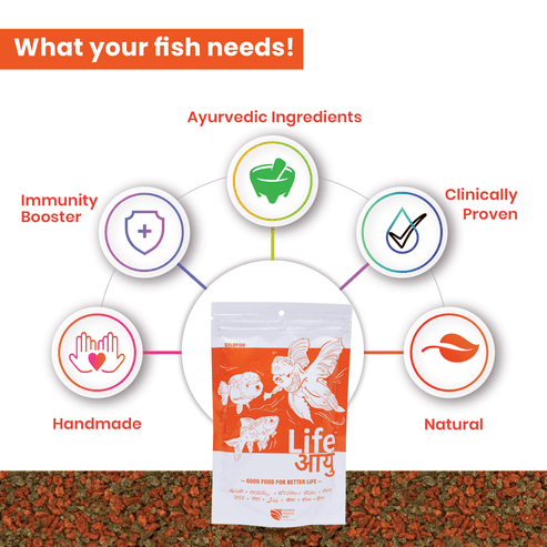 Second image of Life AAYU Goldfish Food – Ayurvedic Soft-Sinking Pellets with Tulsi, Papaya & Red Paprika for Color, Digestion & Immunity (100g - Small)